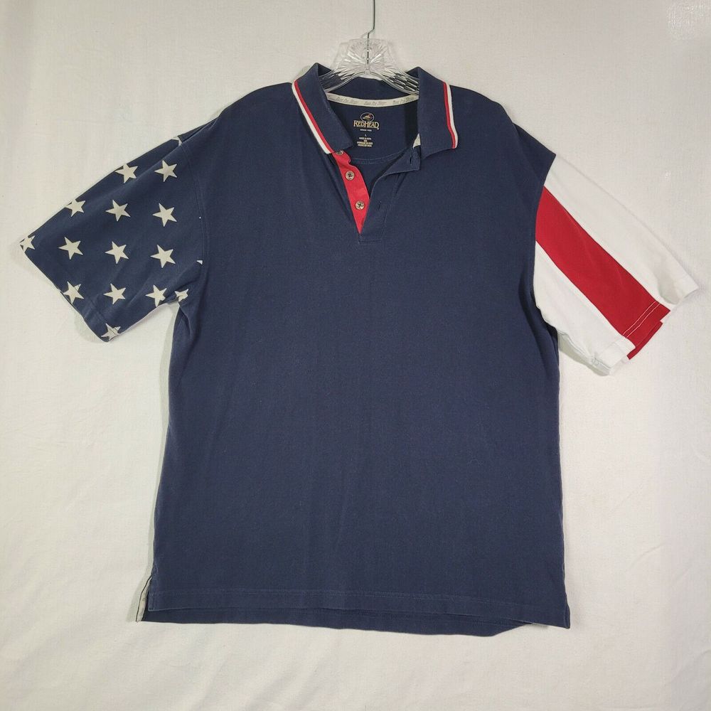 RedHead  Mens Shirt L Navy Blue Short Sleeve American Flag Polo Basspro shop
